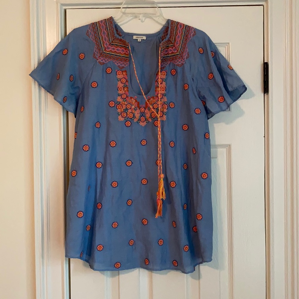 Cornflower Blue Manoush Peasant Top w/ Embroidery